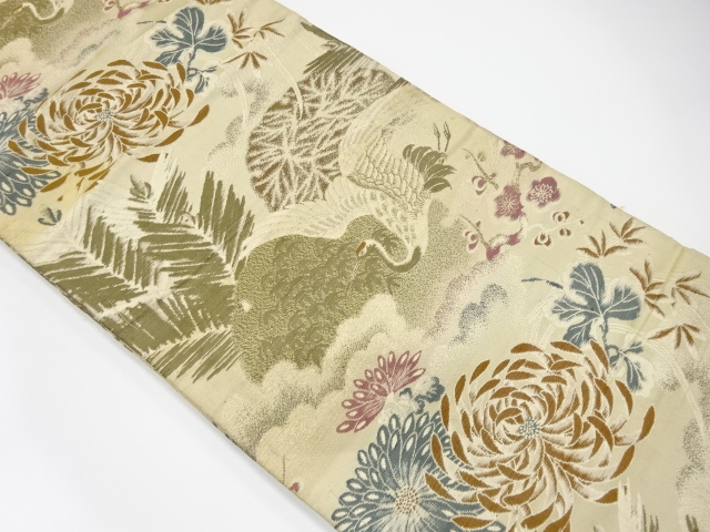 アンティーク　乱菊に鶴・松梅模様織出し丸帯（材料）